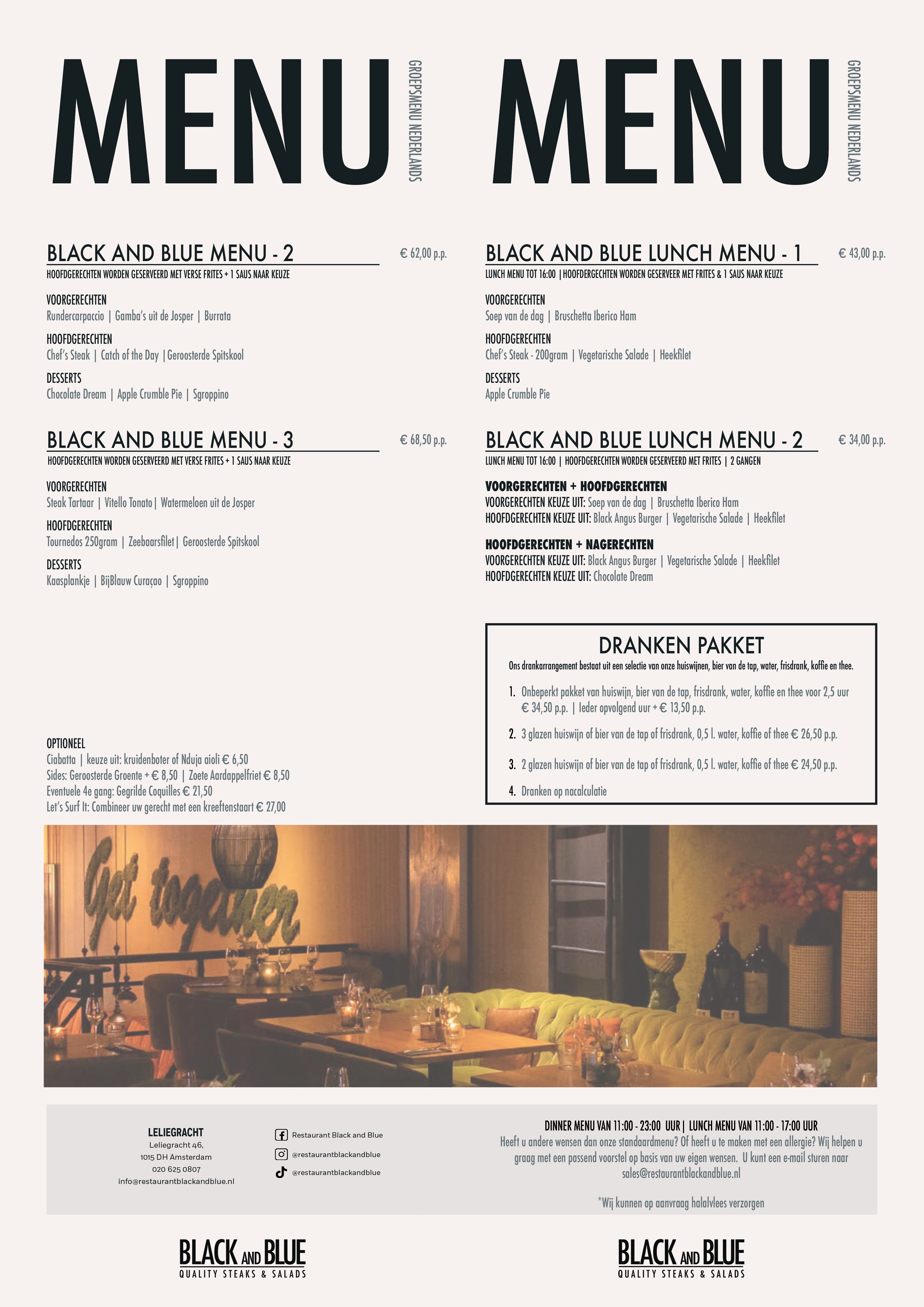 Nederlands groepsmenu van Black And Blue locatie Leliegracht met meerdere lunch- en dinermenu’s, drankarrangementen, optionele gerechten en sfeervolle restaurantfoto.