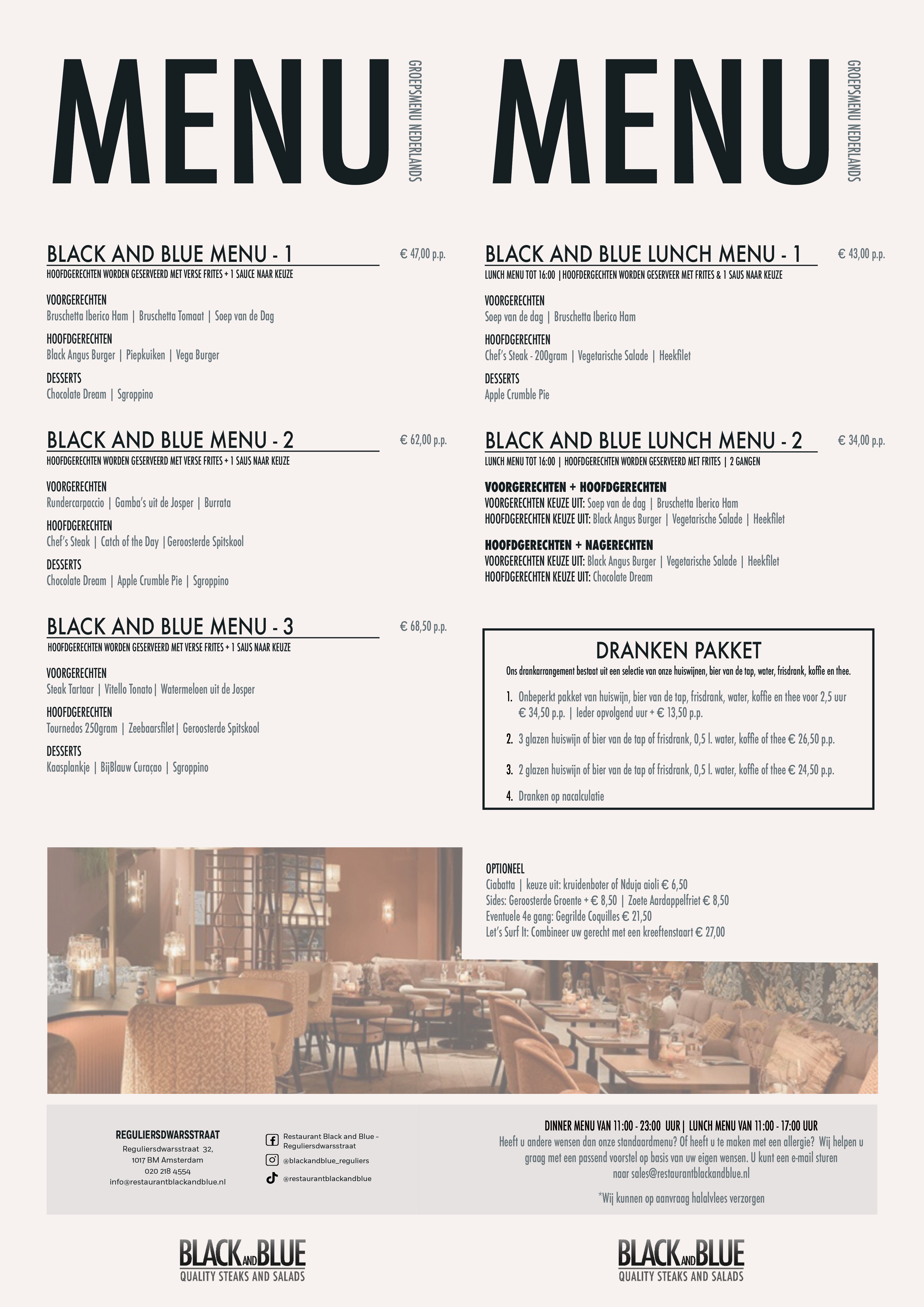 Nederlands groepsmenu van Black And Blue locatie Reguliersdwarsstraat met meerdere lunch- en dinermenu’s, drankarrangementen, optionele gerechten en interieurfoto’s van het restaurant.