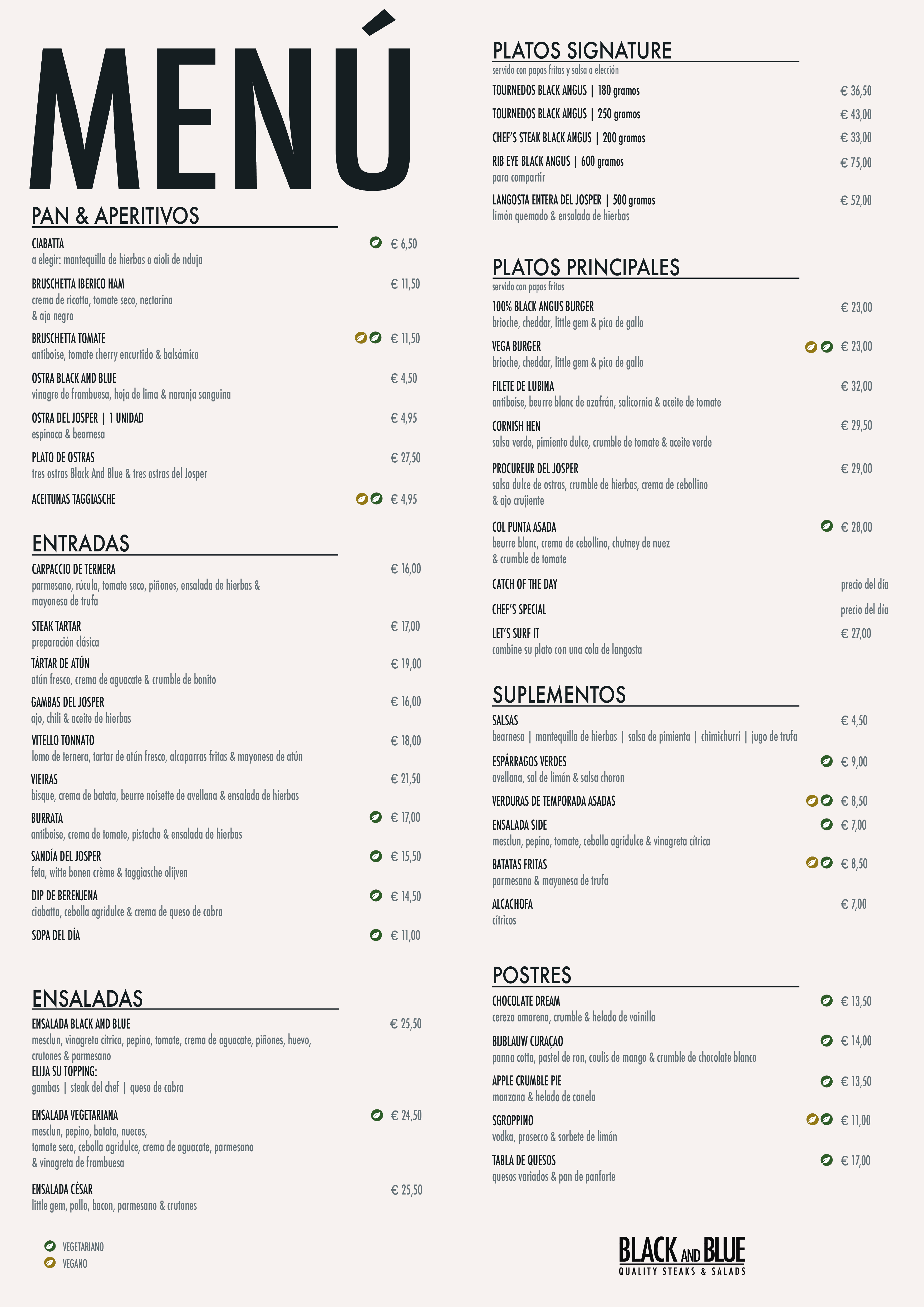Menú de cena en español de Black And Blue con entrantes, steaks signature, platos principales, suplementos, postres y opciones vegetarianas y veganas.