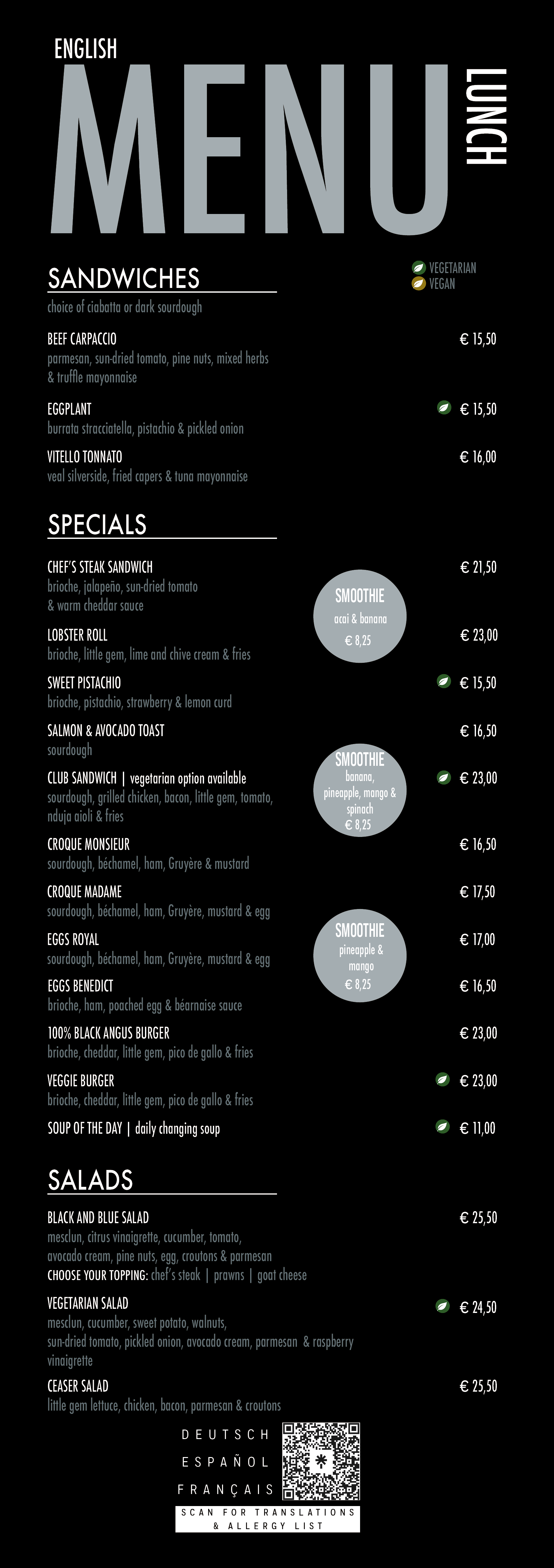 English lunch menu of Black And Blue featuring sandwiches, specials, smoothies, salads, and vegetarian and vegan options.