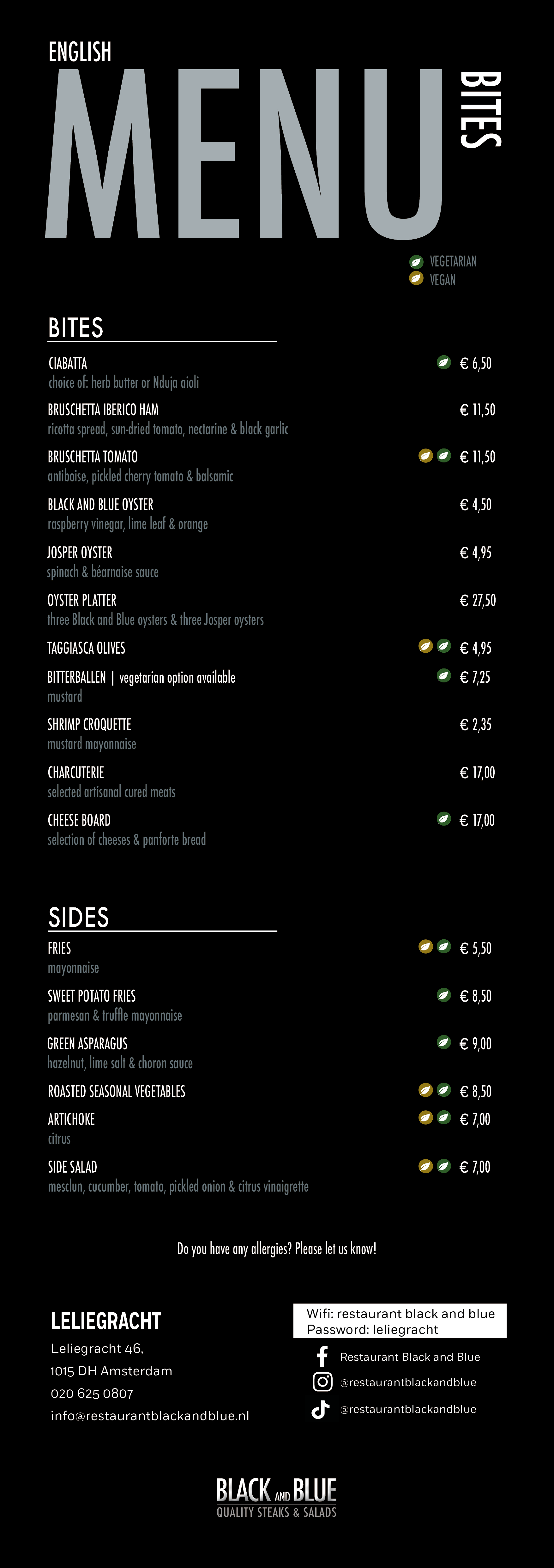 English bites menu of Black And Blue featuring oysters, bruschetta, charcuterie, side dishes, and vegetarian and vegan options.