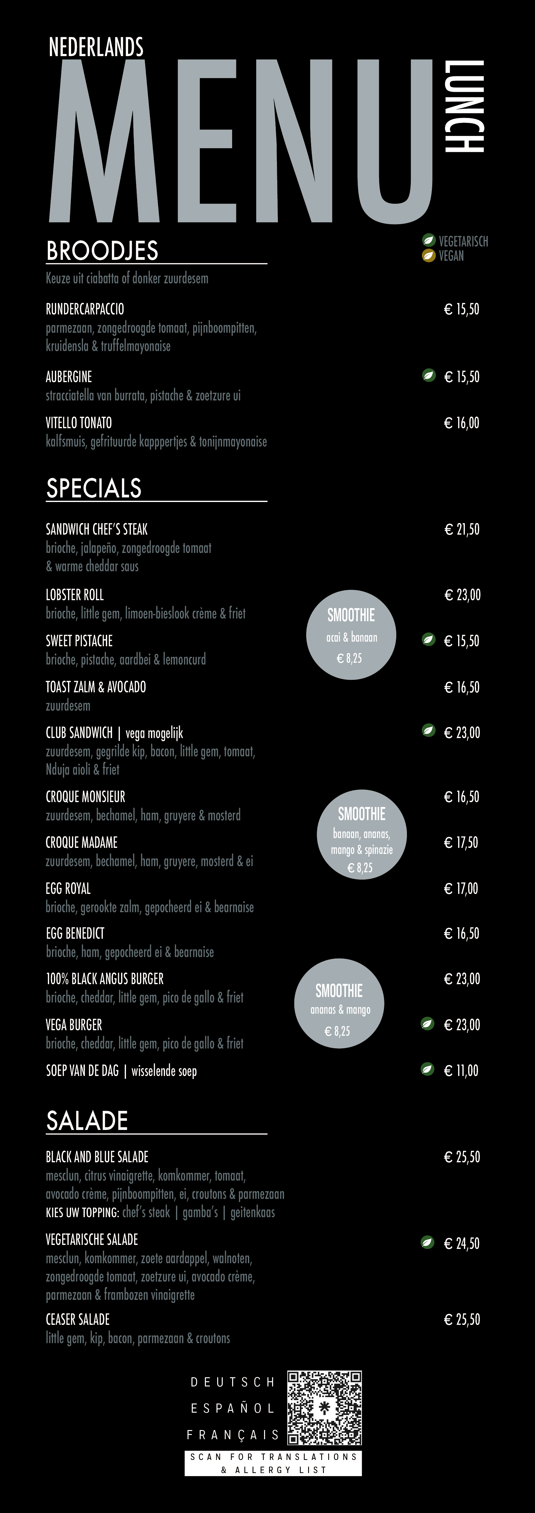Nederlands lunchmenu van Black And Blue met broodjes, specials, smoothies, salades en vegetarische en vegan opties.