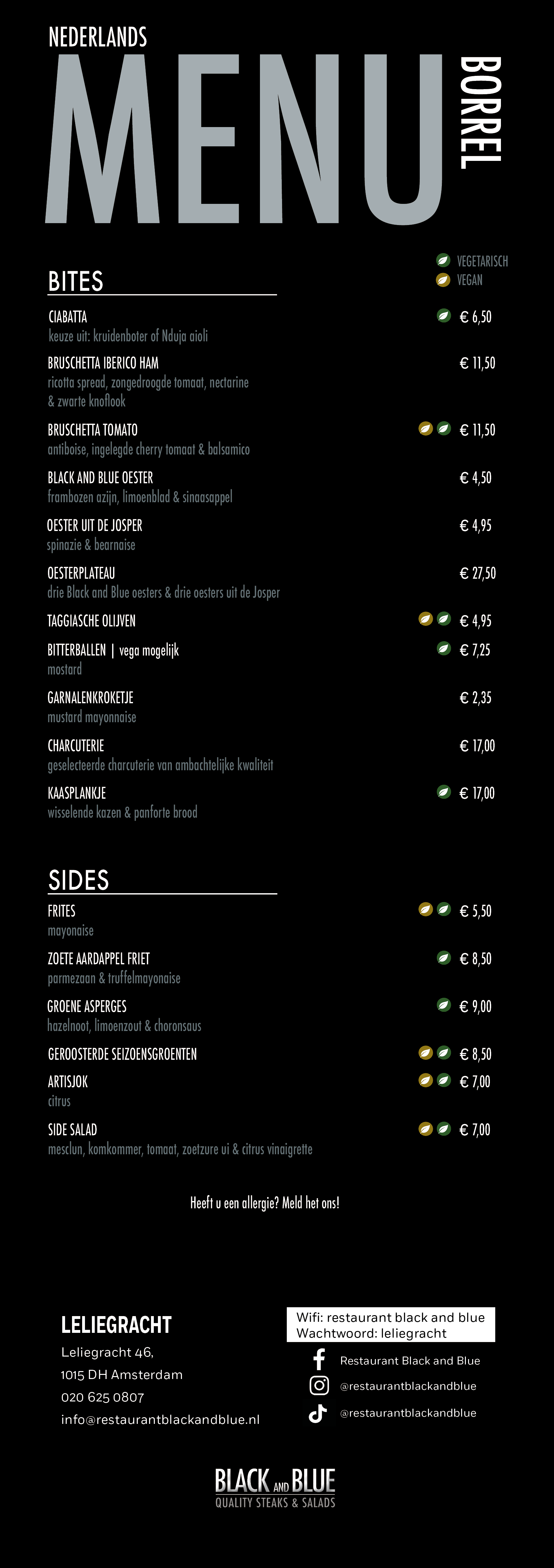 Nederlands borrelmenu van Black And Blue met bites, oesters, charcuterie, bijgerechten en vegetarische en vegan opties.