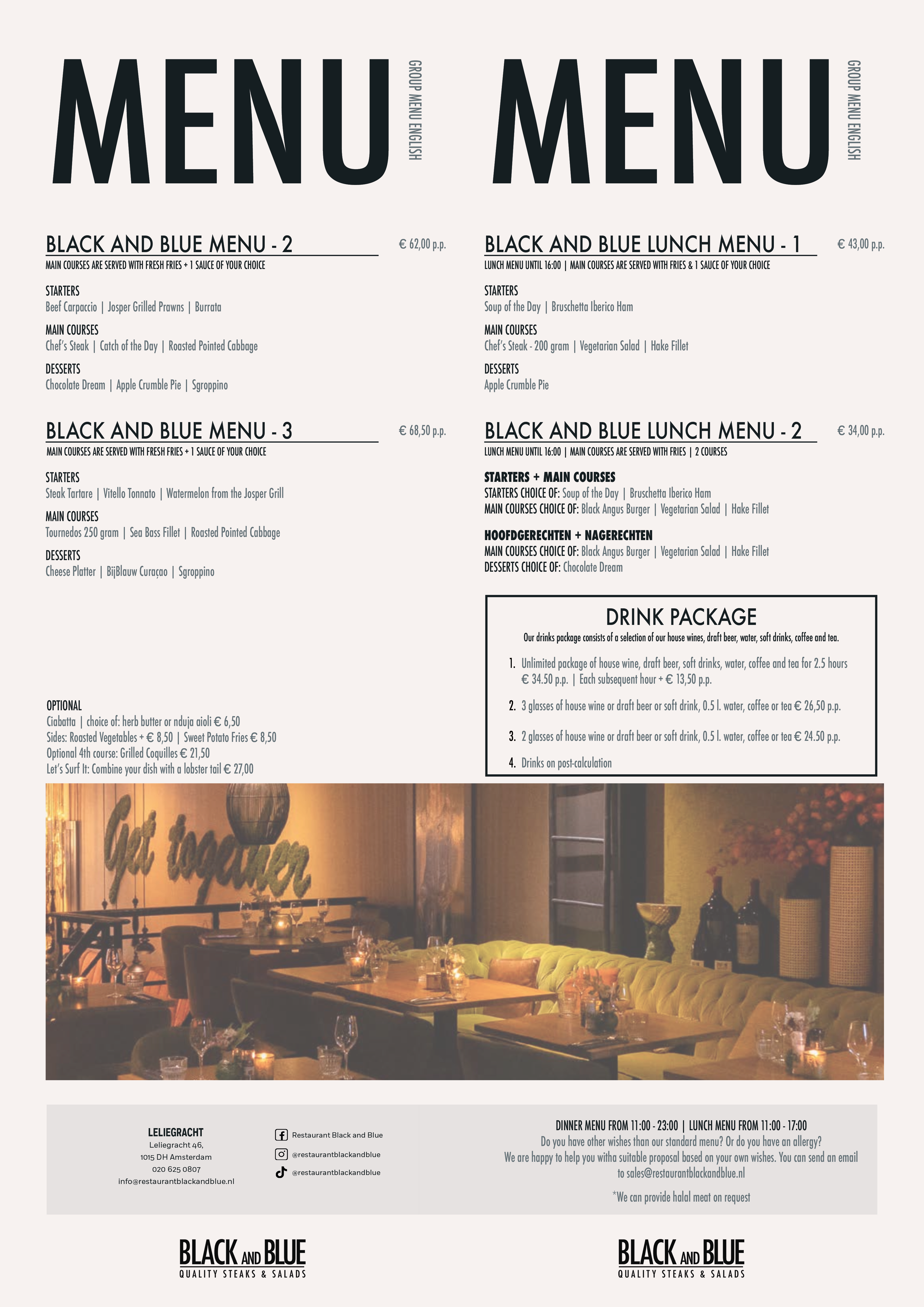English group menu brochure for Black And Blue Leliegracht featuring three dinner menus, two lunch menus, drink packages, optional add-ons and restaurant contact information, presented alongside an atmospheric interior photograph of the restaurant.