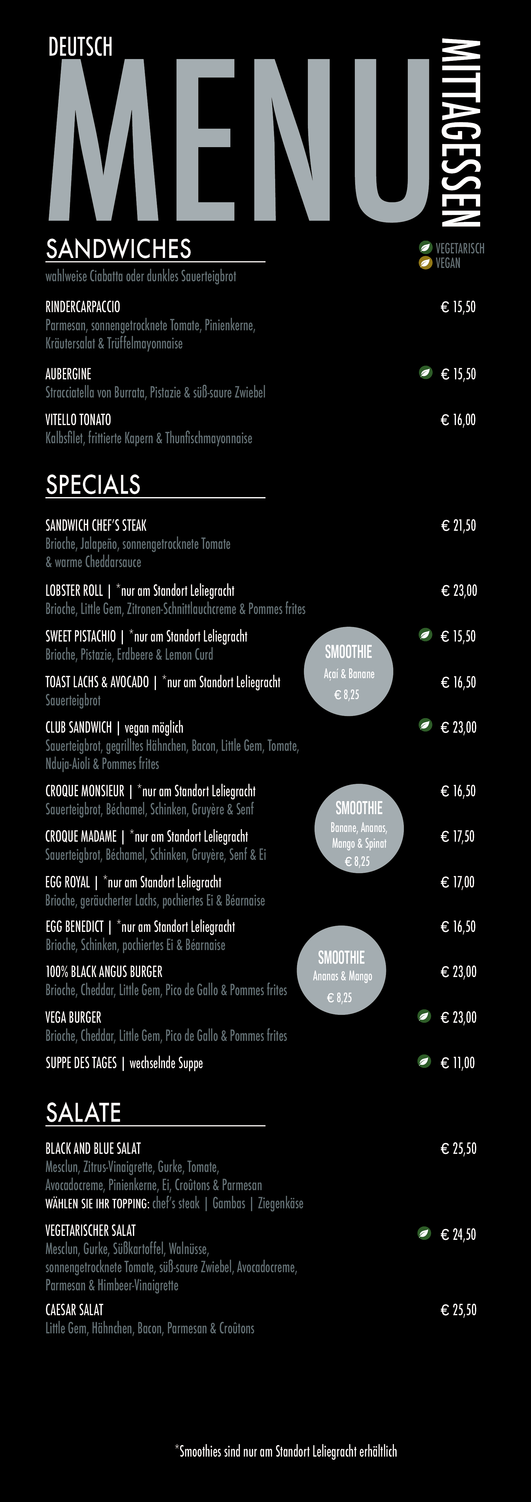 Deutsches Mittagsmenü von Black And Blue mit Sandwiches, Specials, Smoothies, Salaten sowie vegetarischen und veganen Optionen.