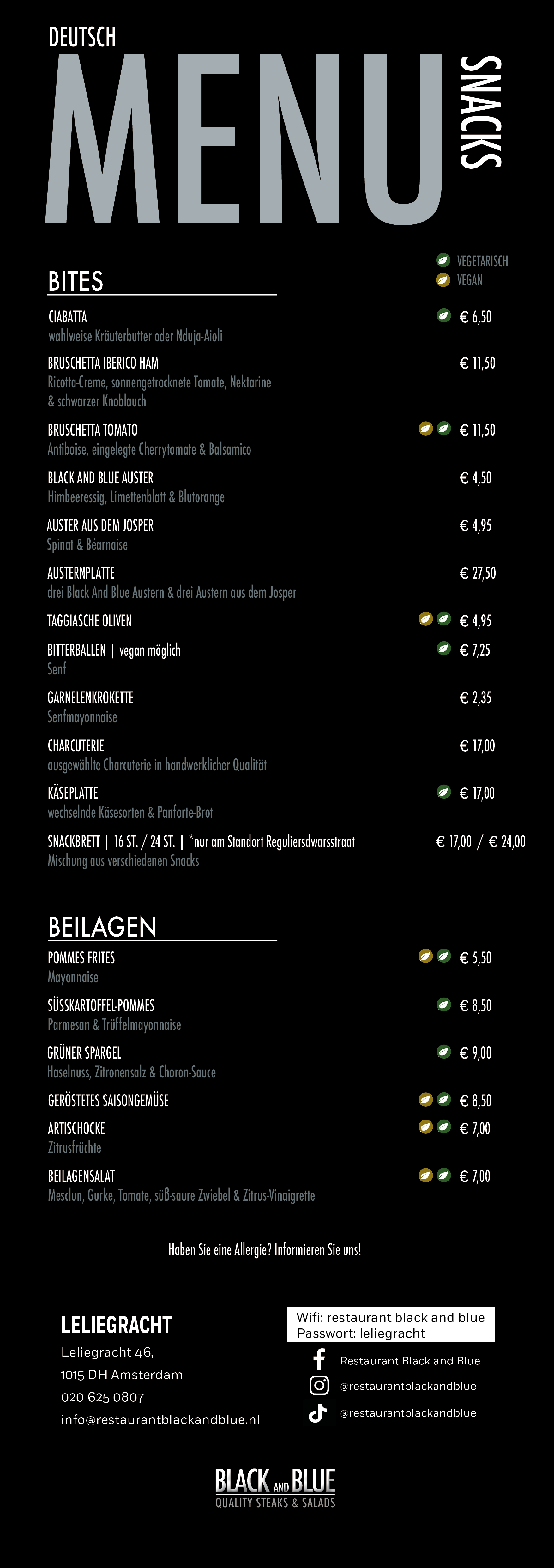 Deutsches Snack-Menü von Black And Blue mit Bites, Austern, Charcuterie, Beilagen sowie vegetarischen und veganen Optionen.