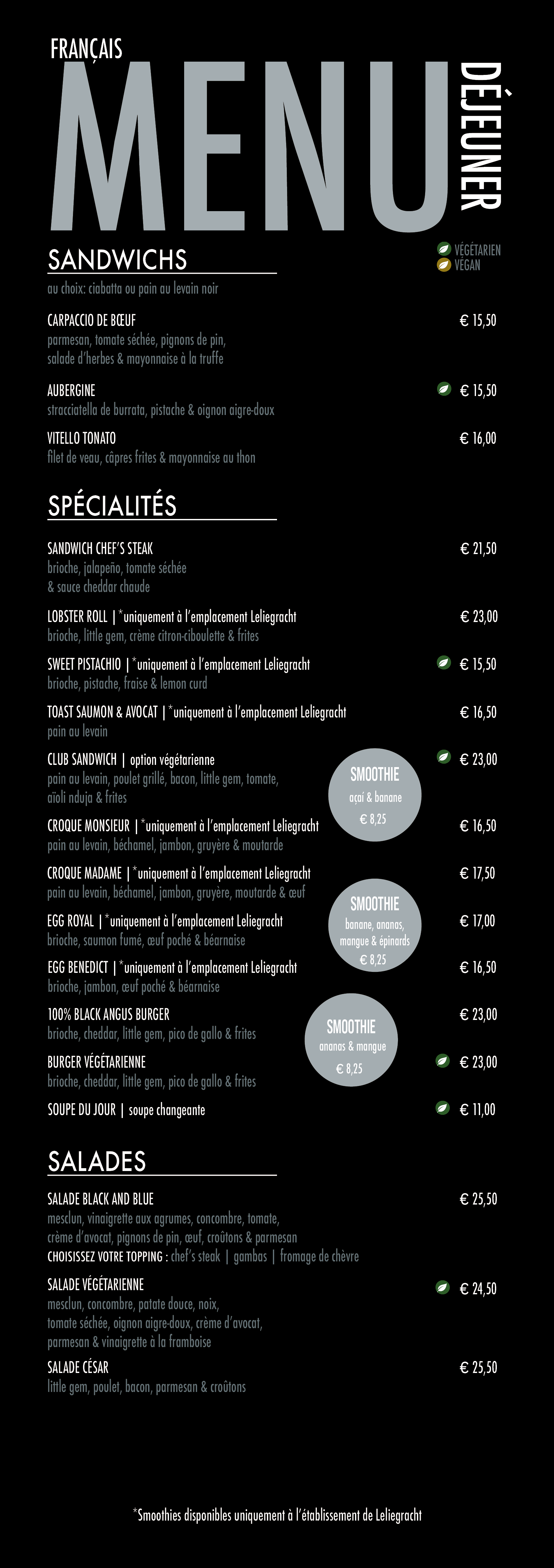 Menu déjeuner français de Black And Blue avec sandwichs, spécialités, smoothies, salades et options végétariennes et véganes.