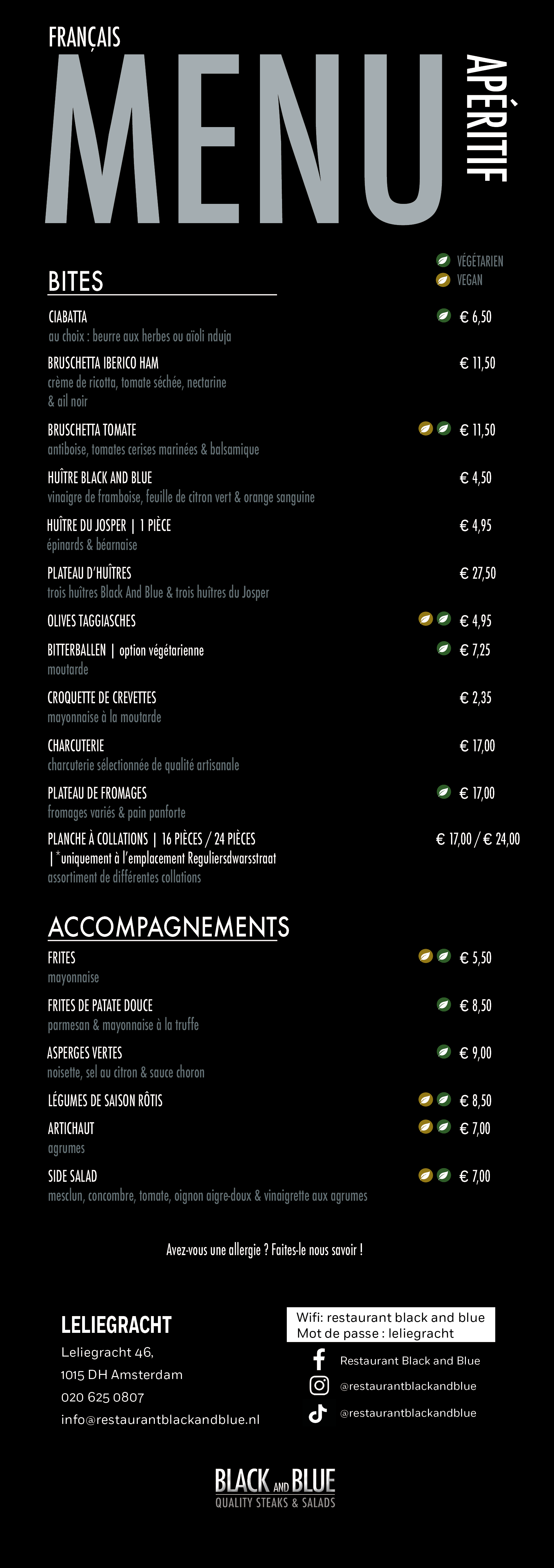 Menu apéritif français de Black And Blue avec bites, huîtres, charcuterie, accompagnements et options végétariennes et véganes.