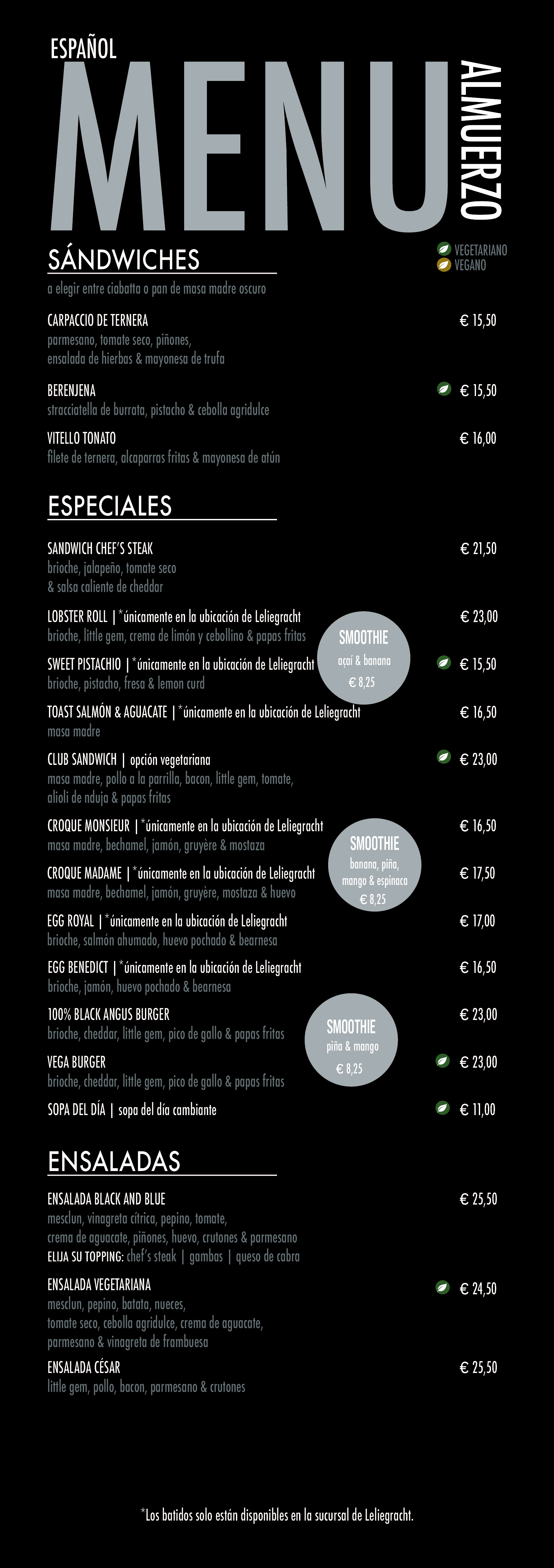 Menú de almuerzo en español de Black And Blue con sándwiches, especiales, smoothies, ensaladas y opciones vegetarianas y veganas.