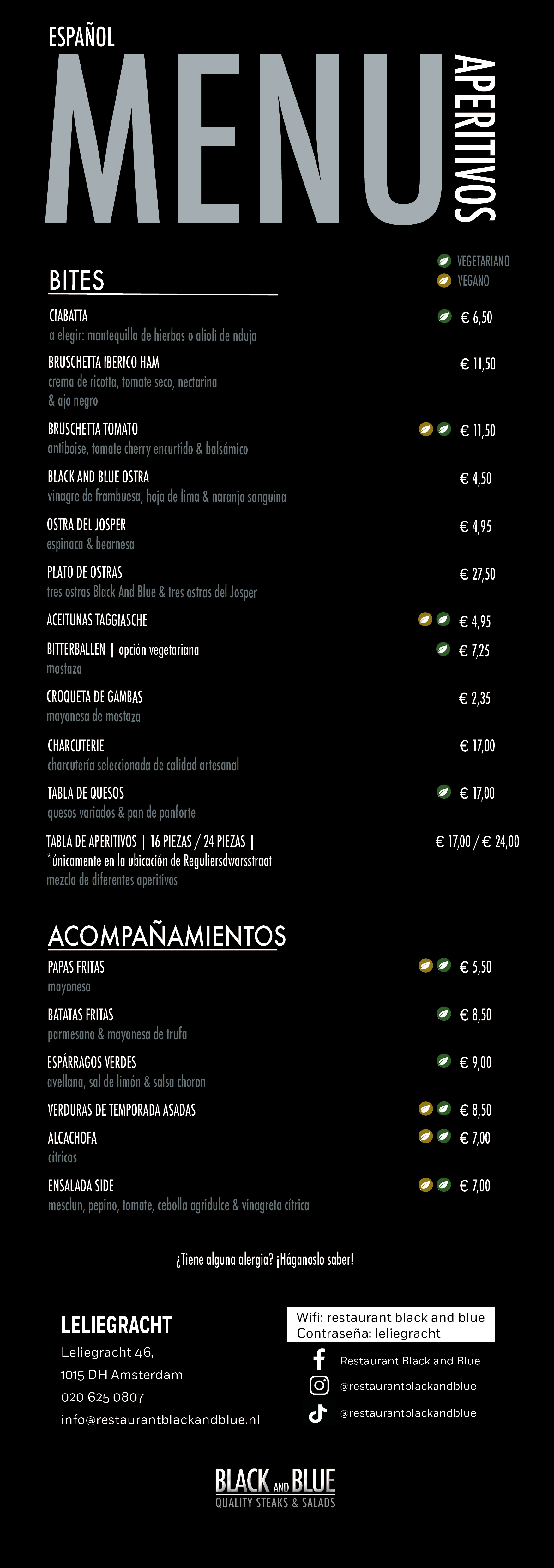 Menú de aperitivos en español de Black And Blue con bites, ostras, charcutería, acompañamientos y opciones vegetarianas y veganas.