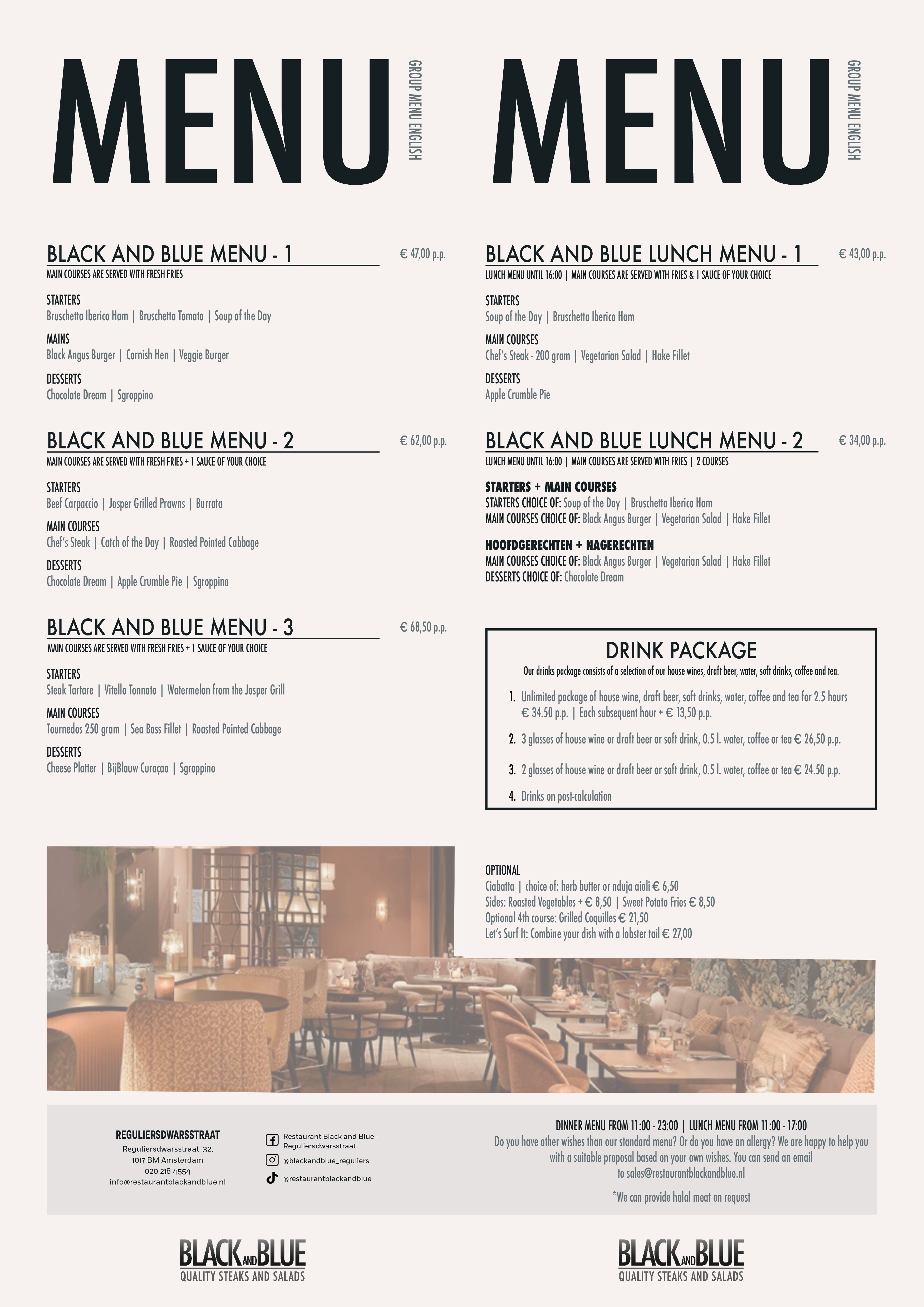 English group menu brochure for Black And Blue Reguliersdwarsstraat featuring three dinner menus, two lunch menus, drink packages, optional supplements and restaurant contact details, complemented by a large photograph showcasing the restaurant’s elegant interior.”
