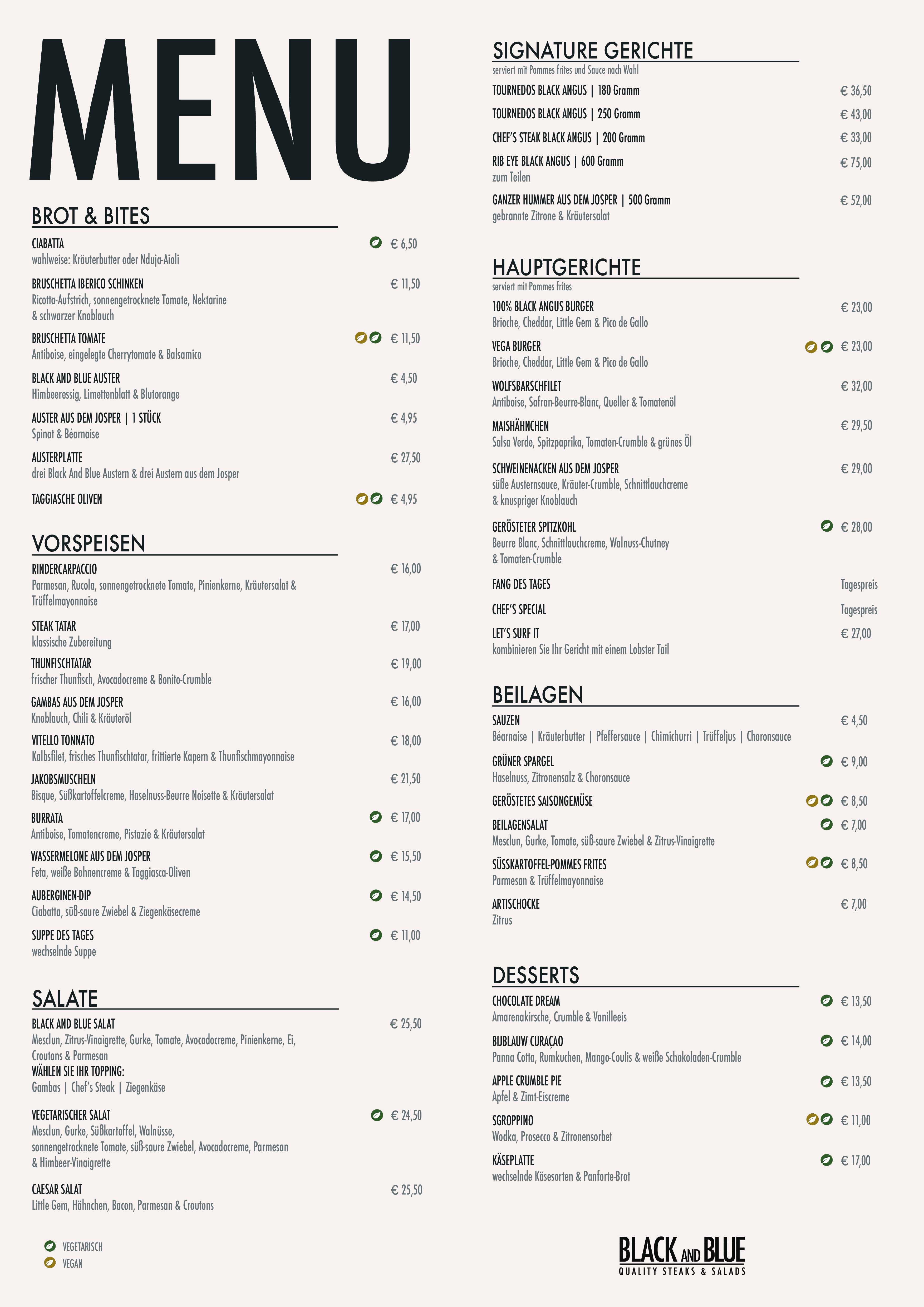 German dinner menu of Black And Blue featuring starters, salads, signature steaks, main courses, side dishes, desserts, vegetarian and vegan options, with prices in euros.