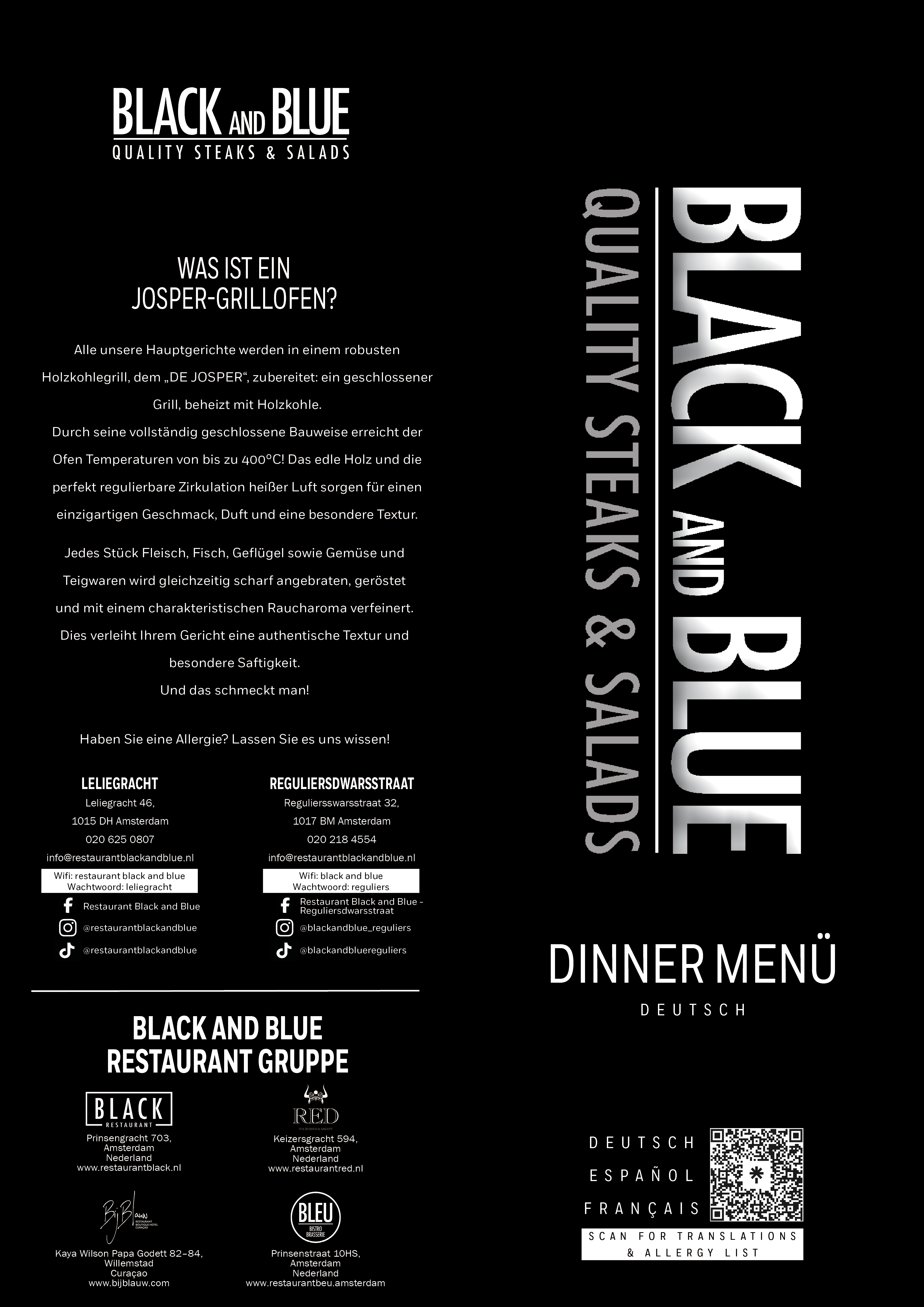 Titelseite des deutschen Dinner-Menüs von Black And Blue mit Informationen zum Josper-Holzkohlegrill, Restaurantstandorten und QR-Code für Übersetzungen und Allergene.