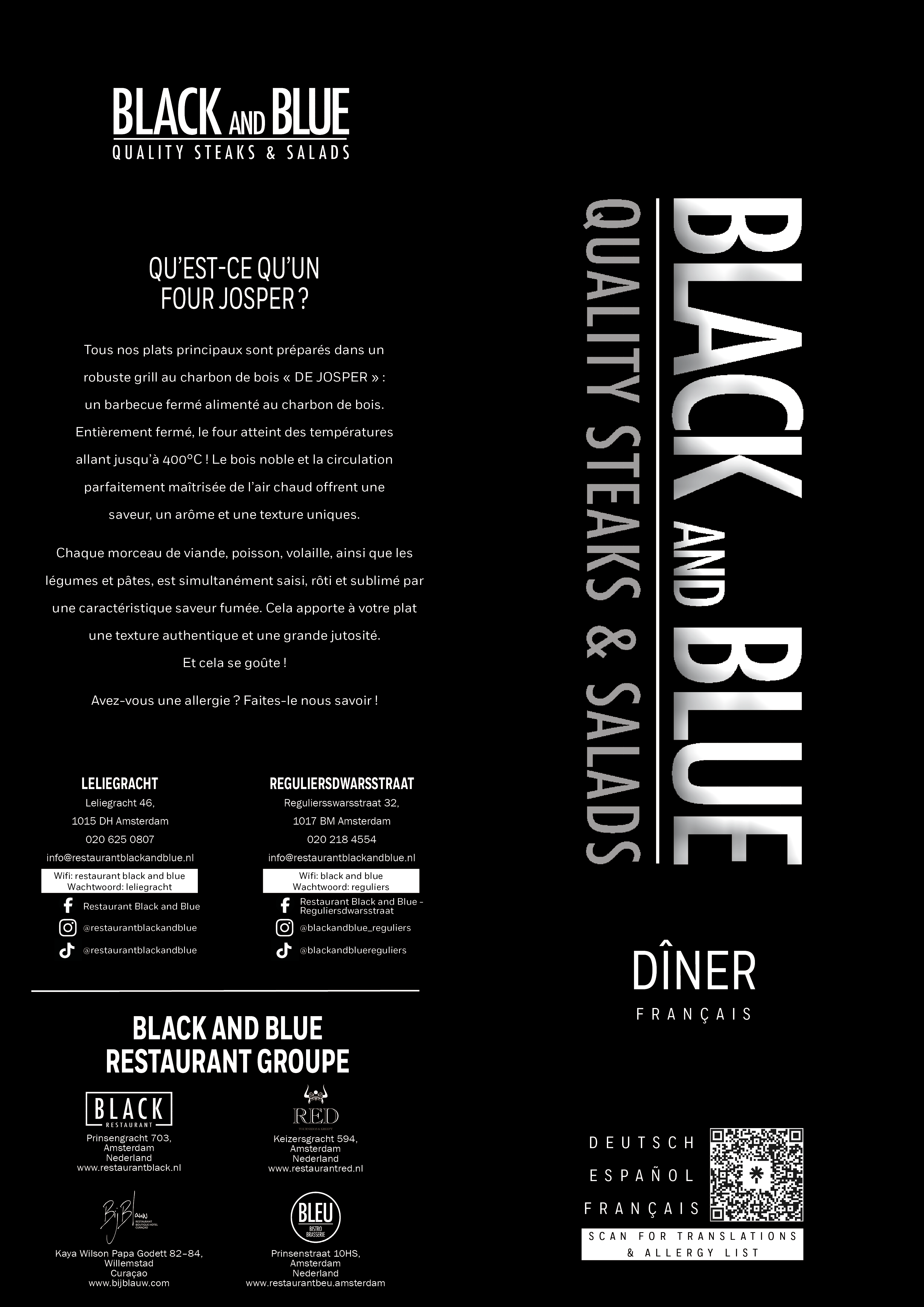Couverture du menu dîner français de Black And Blue avec une explication du four Josper, les adresses des restaurants et un QR code pour les traductions et les informations sur les allergènes.