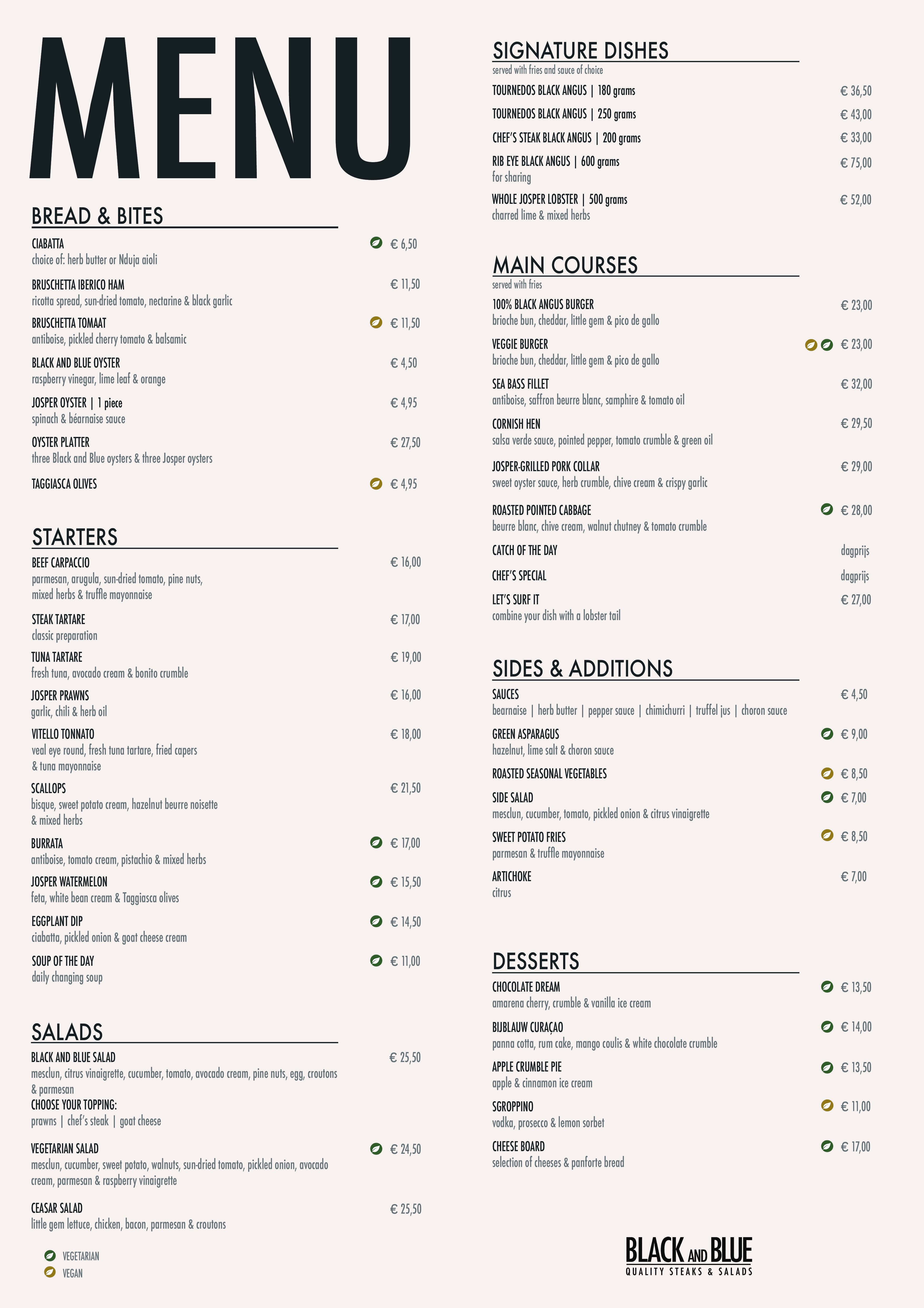 English dinner menu for Black And Blue featuring signature steak dishes, starters, salads, seafood, vegetarian options, side dishes and desserts. The menu highlights Black Angus steaks, Josper-grilled specialties and classic Black And Blue favourites, presented in a clean and elegant single-page layout with vegetarian and vegan indicators.
