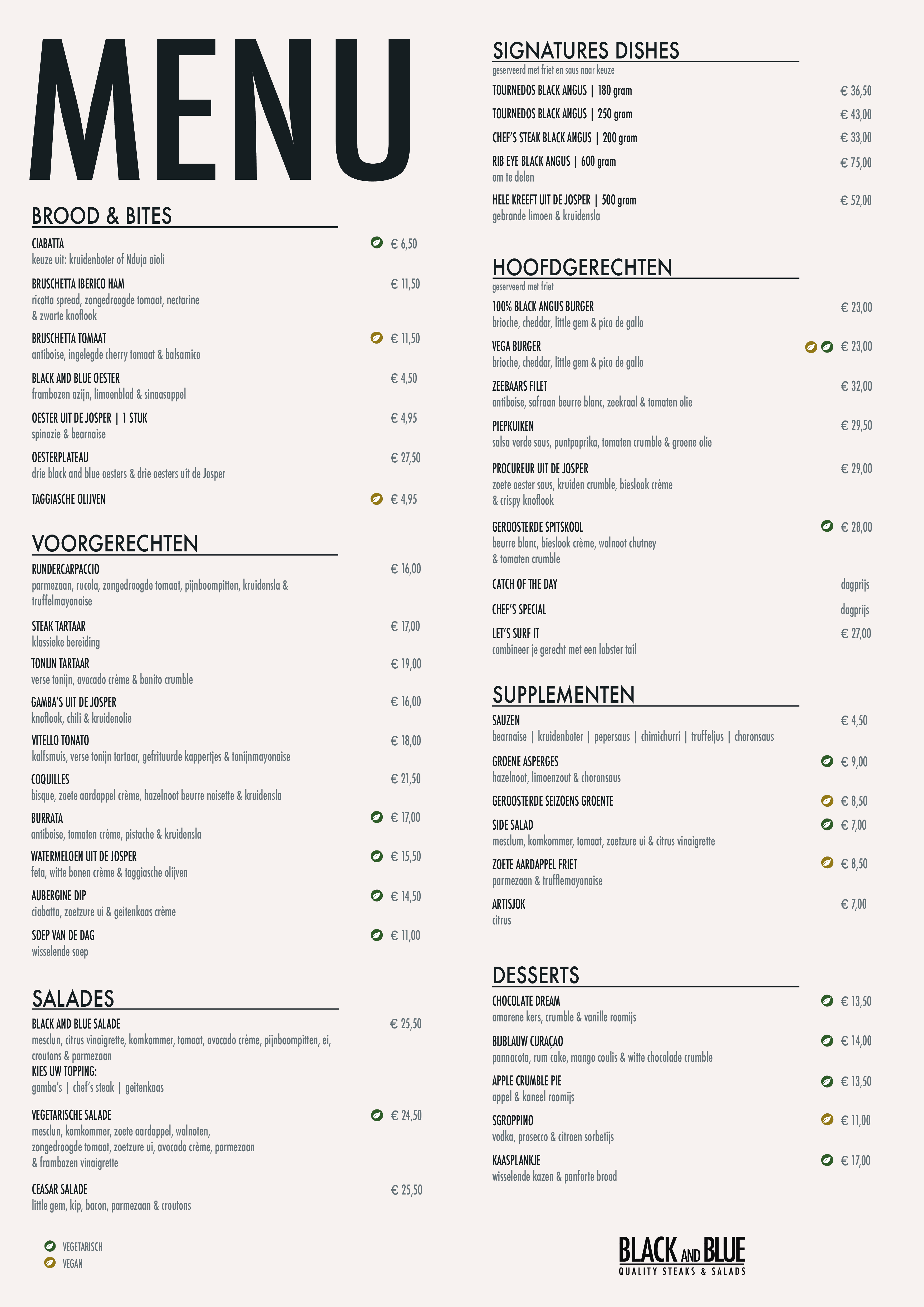 English dinner menu for Black And Blue featuring signature steak dishes, starters, salads, seafood, vegetarian options, side dishes and desserts. The menu highlights Black Angus steaks, Josper-grilled specialties and classic Black And Blue favourites, presented in a clean and elegant single-page layout with vegetarian and vegan indicators.